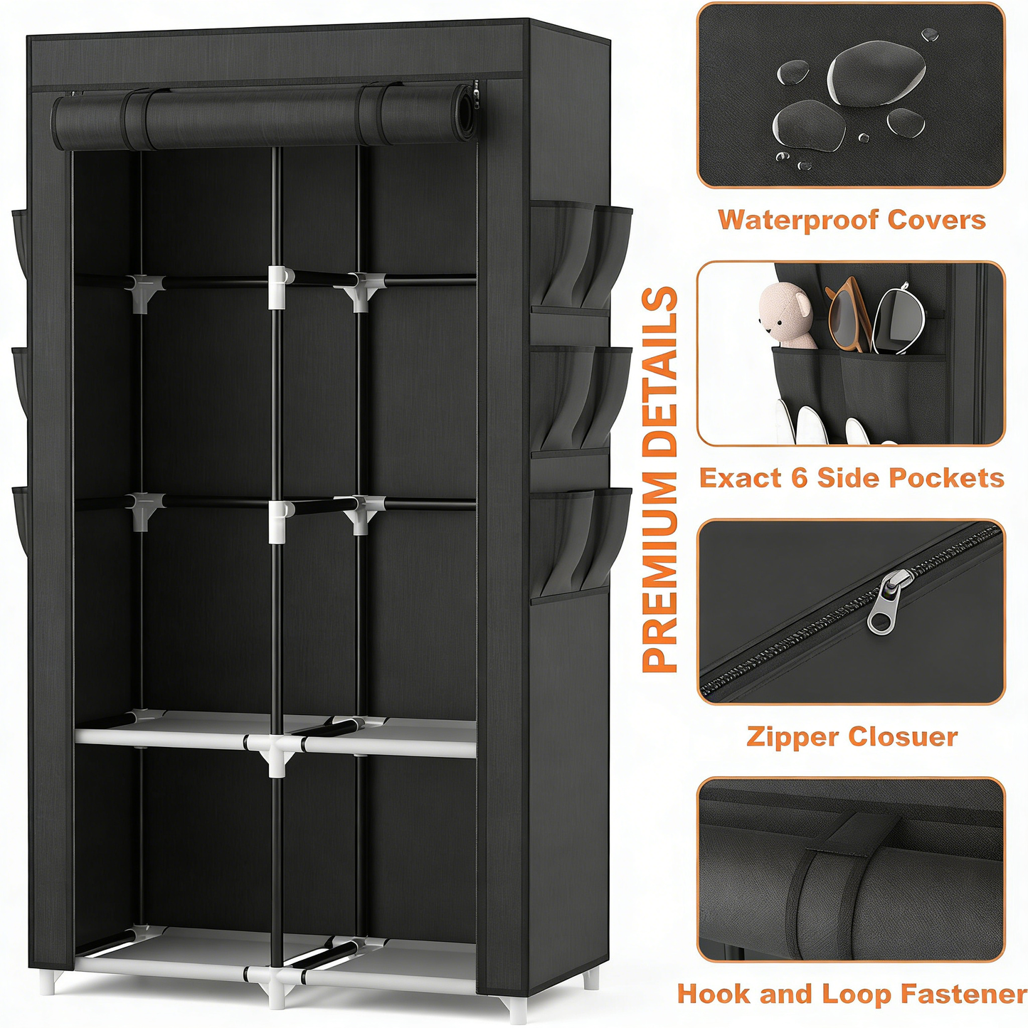 Portable Fabric Wardrobe Closet with Adjustable Shelves & Side Pockets