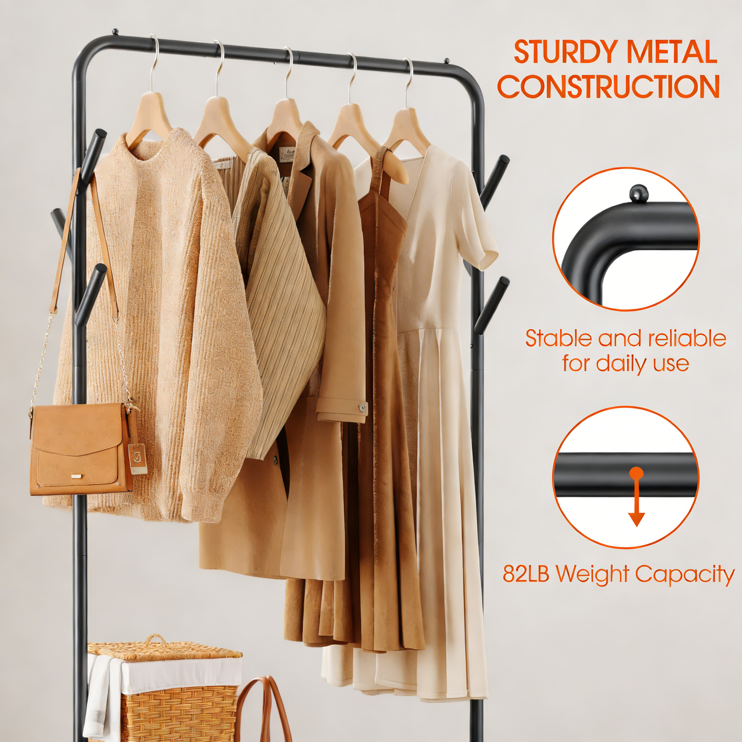 3-in-1 Metal Rolling Clothes Rack with Storage Shelf & Hooks