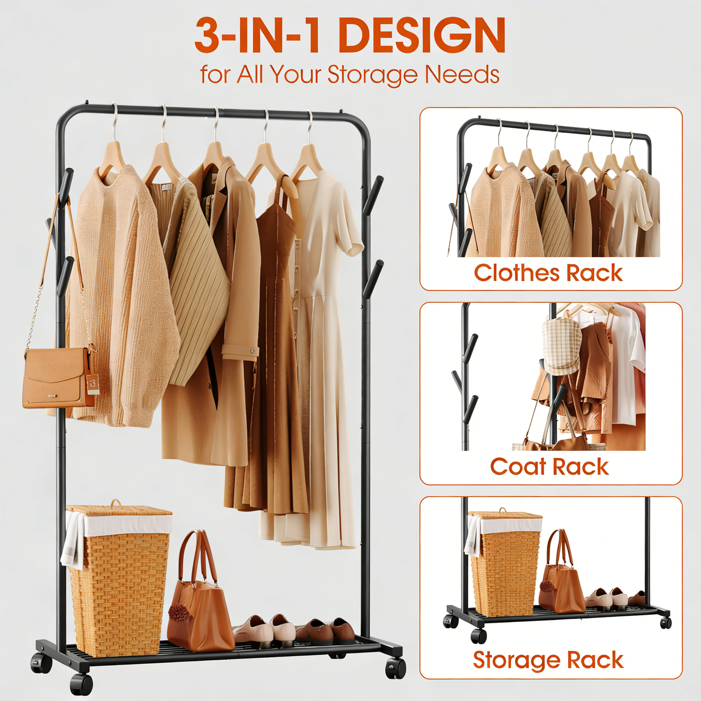 3-in-1 Metal Rolling Clothes Rack with Storage Shelf & Hooks