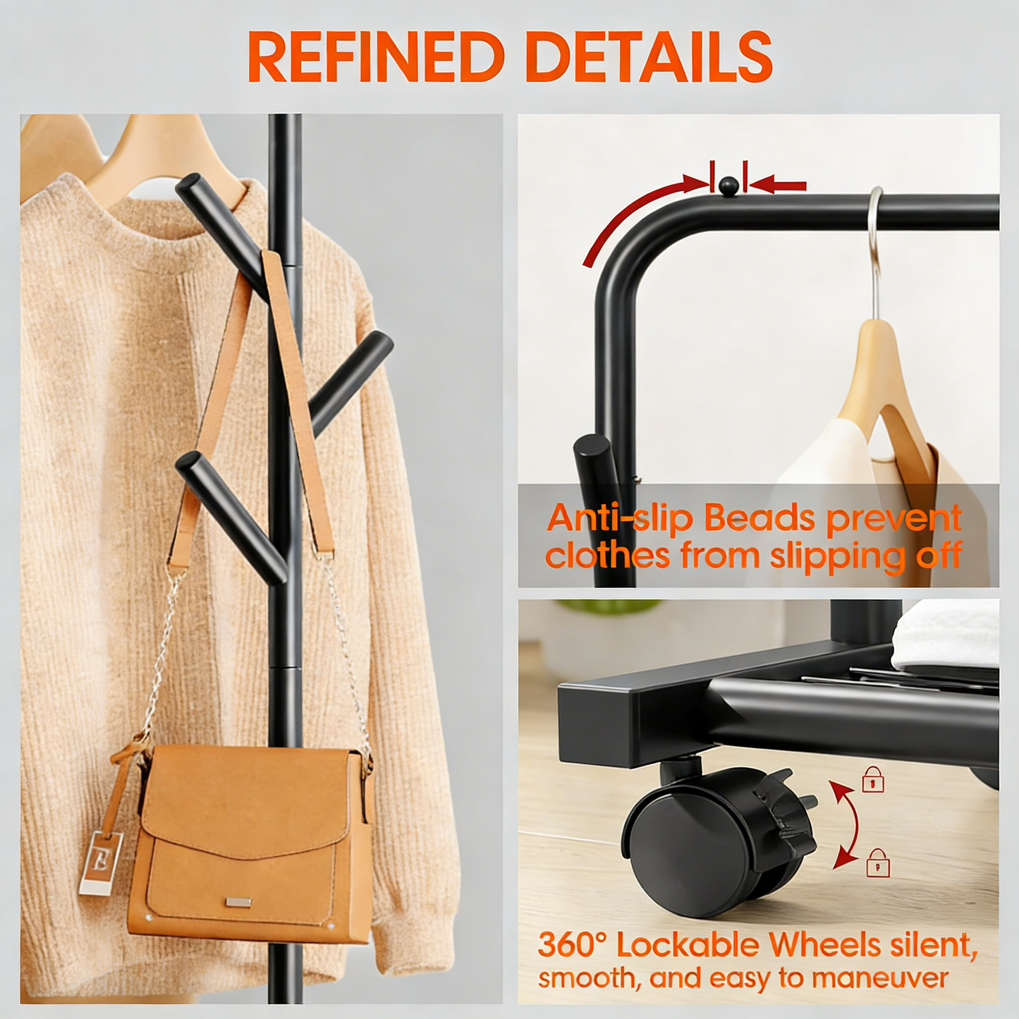 3-in-1 Metal Rolling Clothes Rack with Storage Shelf & Hooks