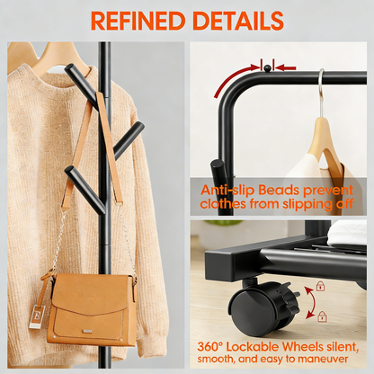 3-in-1 Metal Rolling Clothes Rack with Storage Shelf & Hooks