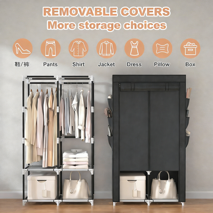 Portable Fabric Wardrobe Closet with Adjustable Shelves & Side Pockets
