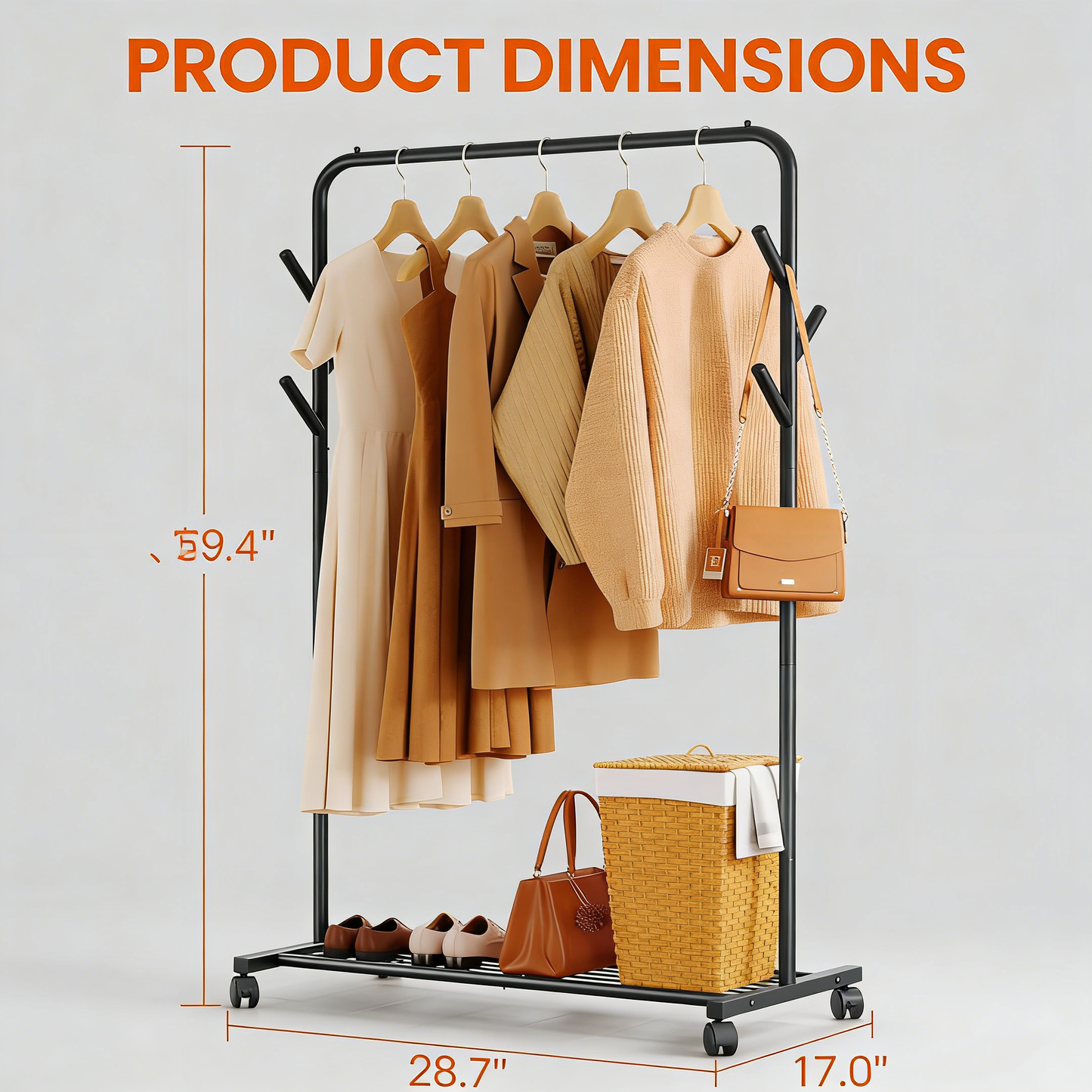 3-in-1 Metal Rolling Clothes Rack with Storage Shelf & Hooks