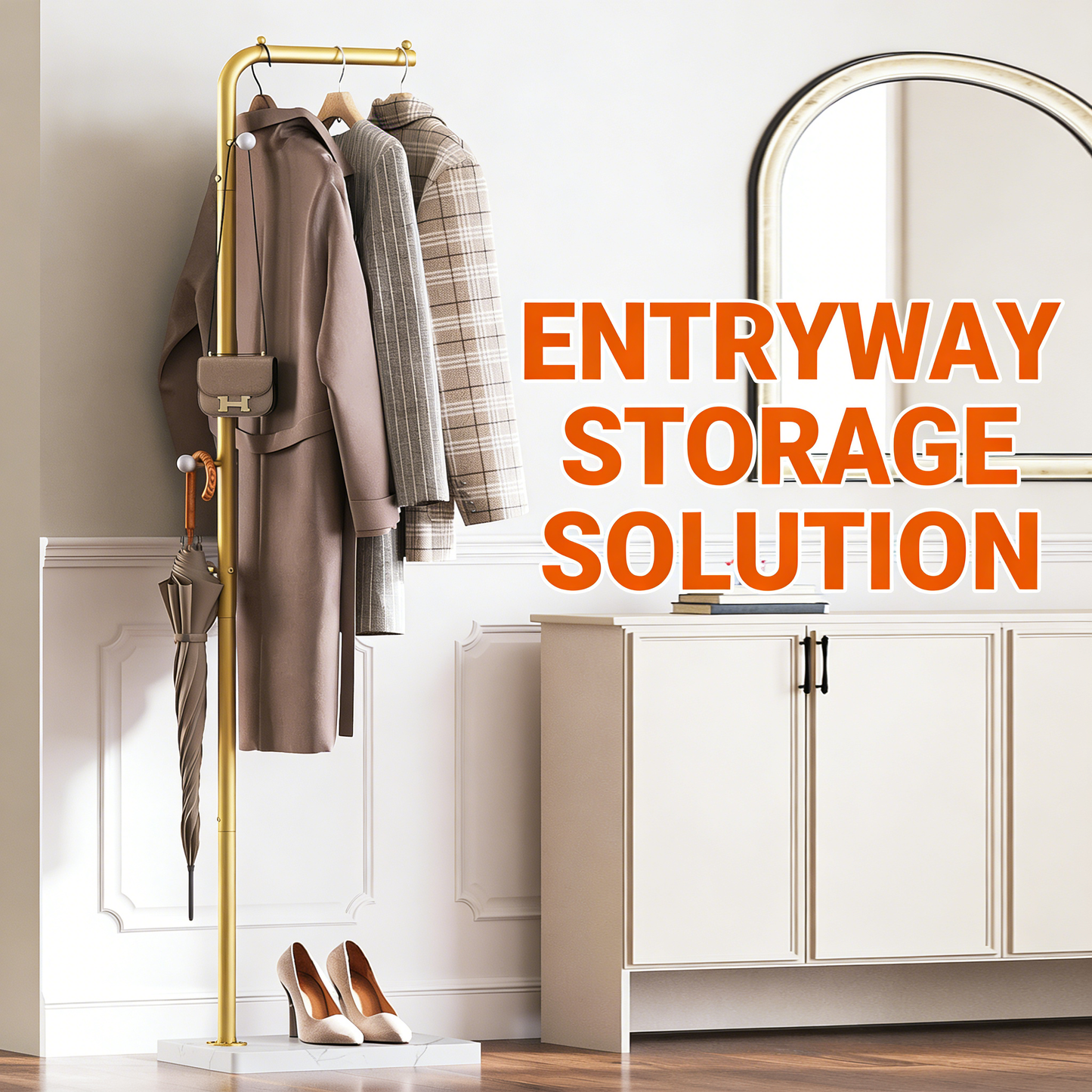 Gold Metal Coat Rack with Marble Base, Modern Entryway Clothes Hanger