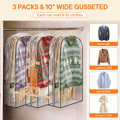 Clear Hanging Garment Bags with Side Zipper, 10" Gusseted Clothing Storage Bags