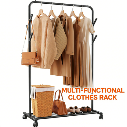 3-in-1 Metal Rolling Clothes Rack with Storage Shelf & Hooks