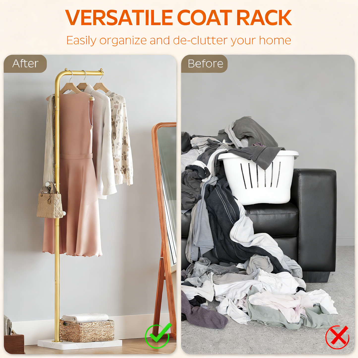 Gold Metal Coat Rack with Marble Base, Modern Entryway Clothes Hanger