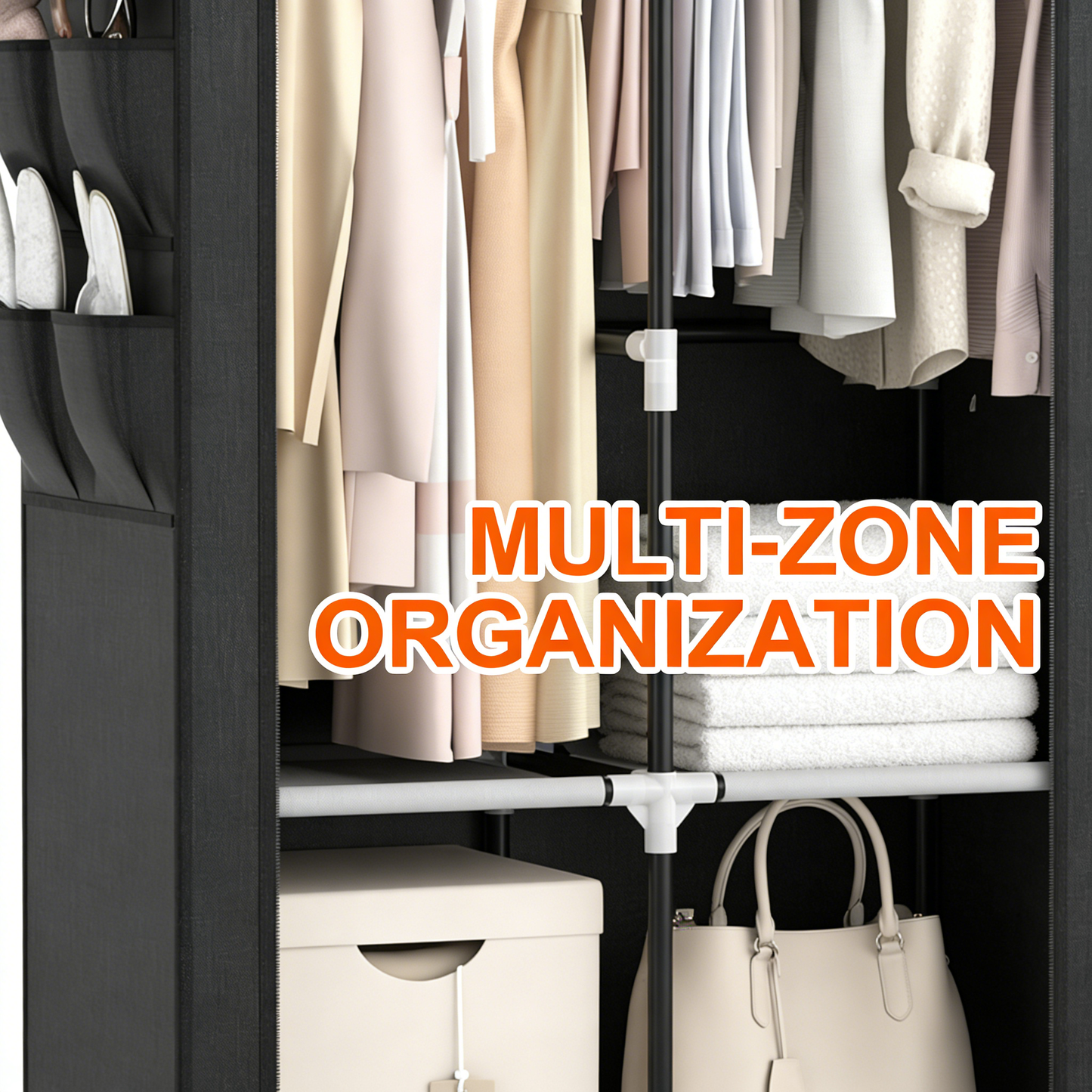 Portable Fabric Wardrobe Closet with Adjustable Shelves & Side Pockets