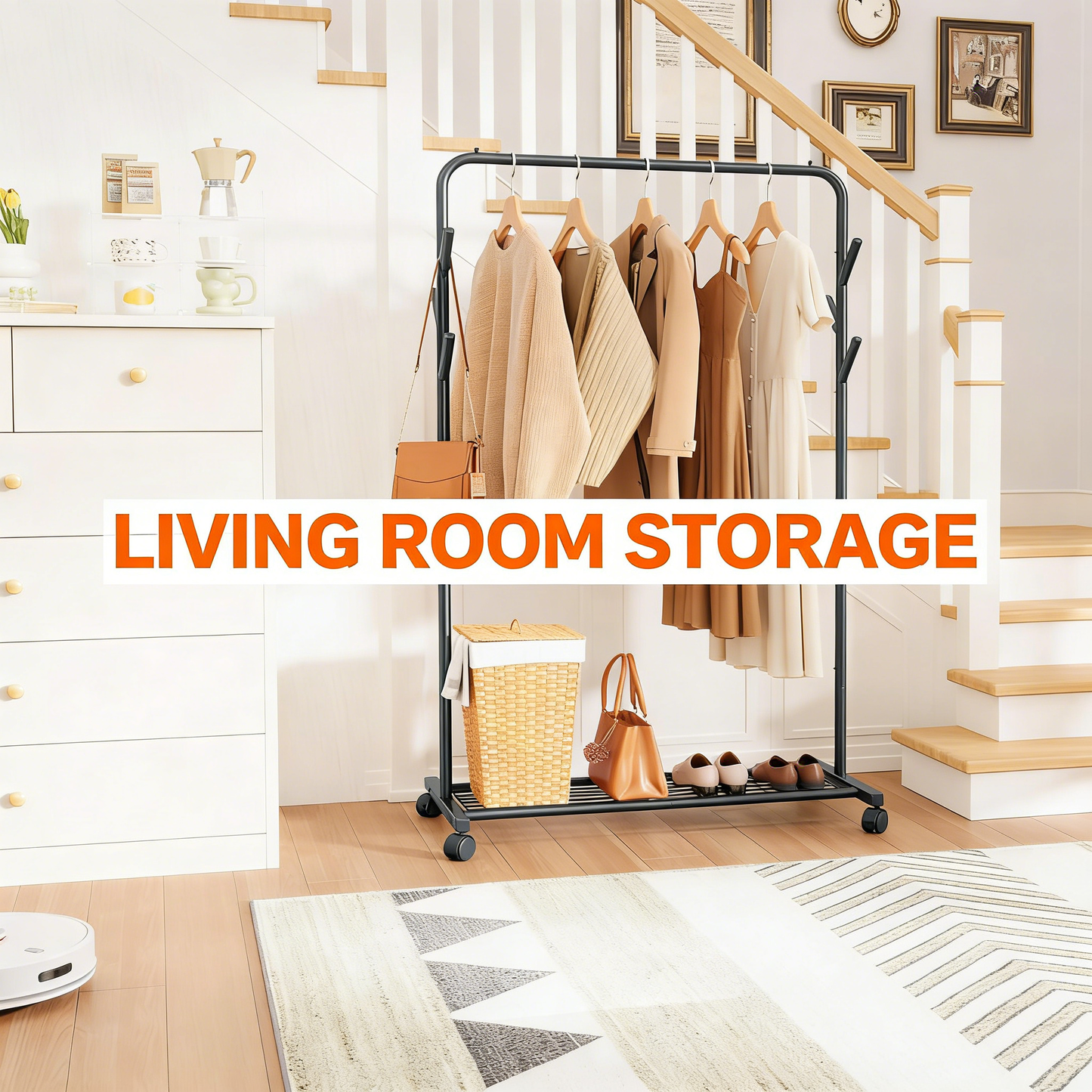 3-in-1 Metal Rolling Clothes Rack with Storage Shelf & Hooks