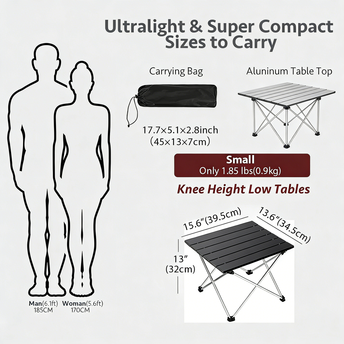 Ultralight Folding Camping Table with Aluminum Top, Portable Low Table