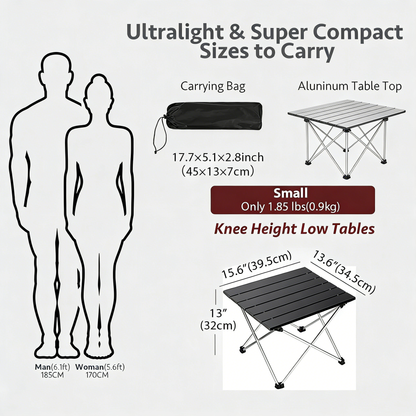 Ultralight Folding Camping Table with Aluminum Top, Portable Low Table
